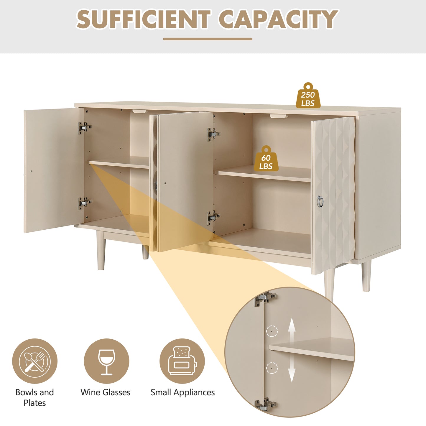 Celeste Convex Pattern Doors Sideboard Buffet - Almond
