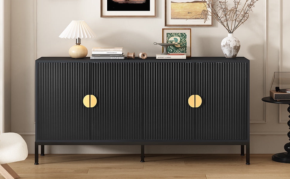 Exquisite Vertical-Striped Four-Door Sideboard - Black