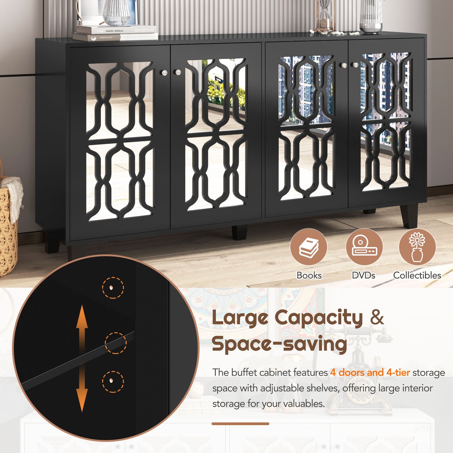 Hynes 4-Door Mirror Buffet Cabinet - Black
