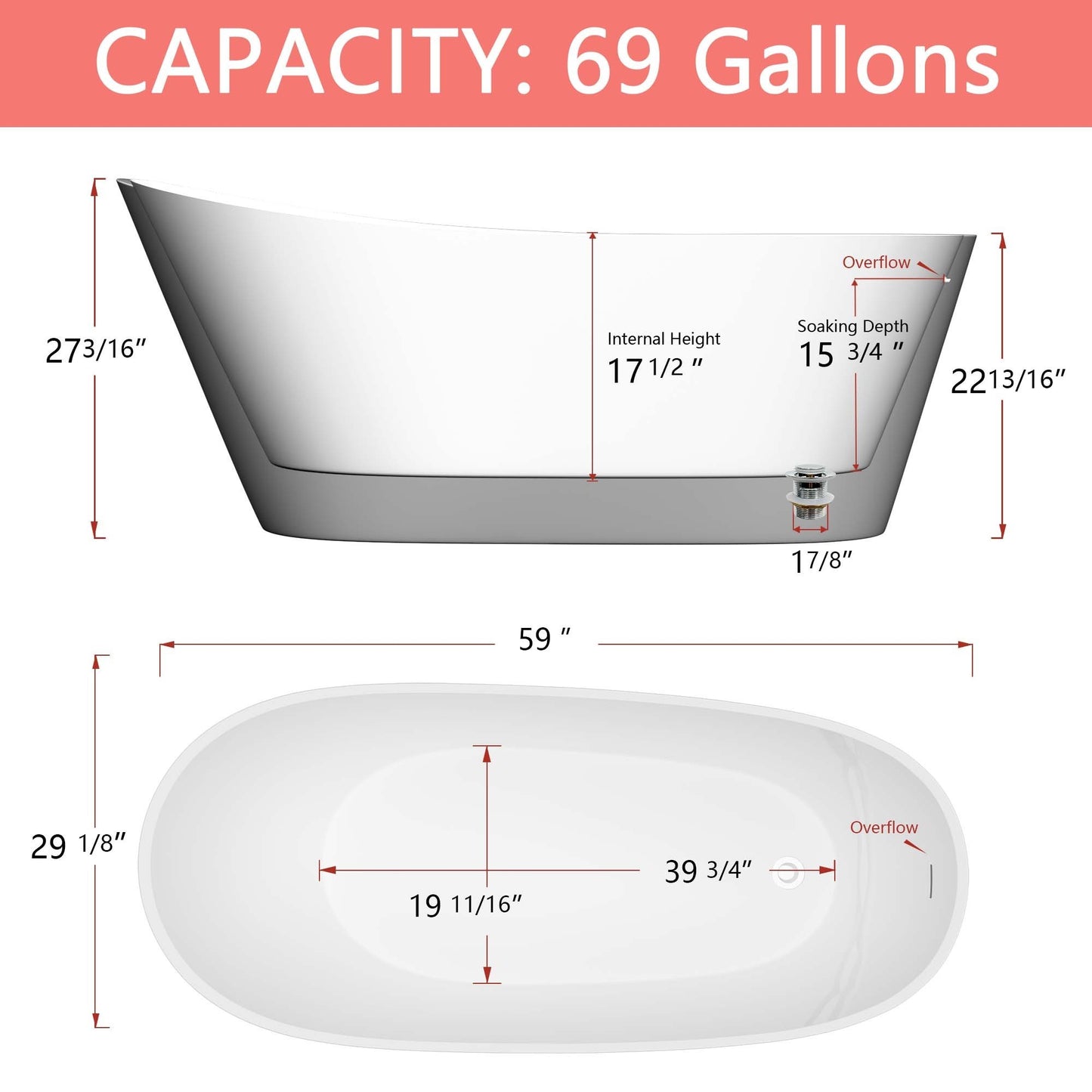Nest 59" Acrylic Freestanding  Soaking Bathtub - White+Gray