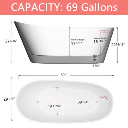 Nest 59" Acrylic Freestanding  Soaking Bathtub - White+Gray