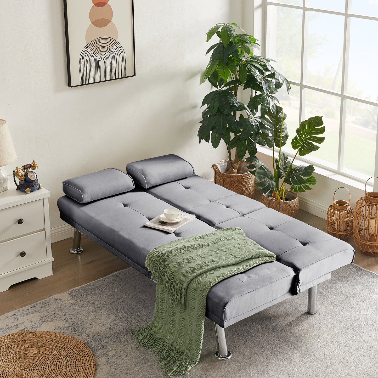 Yukon Fabric Futon Sofa Bed with Metal Legs - Gray