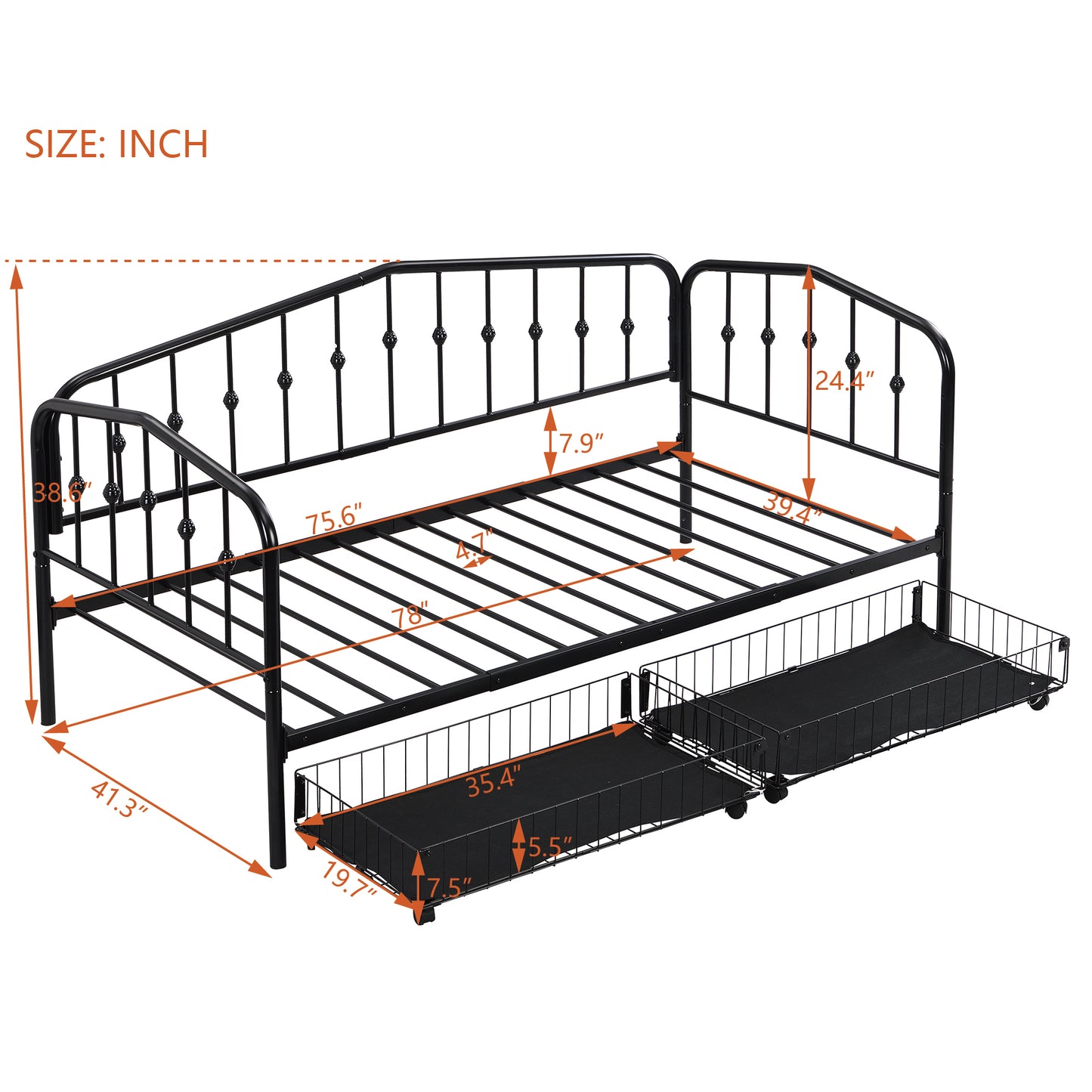 Zee Twin Size Metal Daybed with 2 Drawers - Black