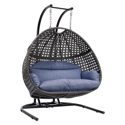 Renata Double-Seat Swing Chair with Stand and Cushion - Black+Blue