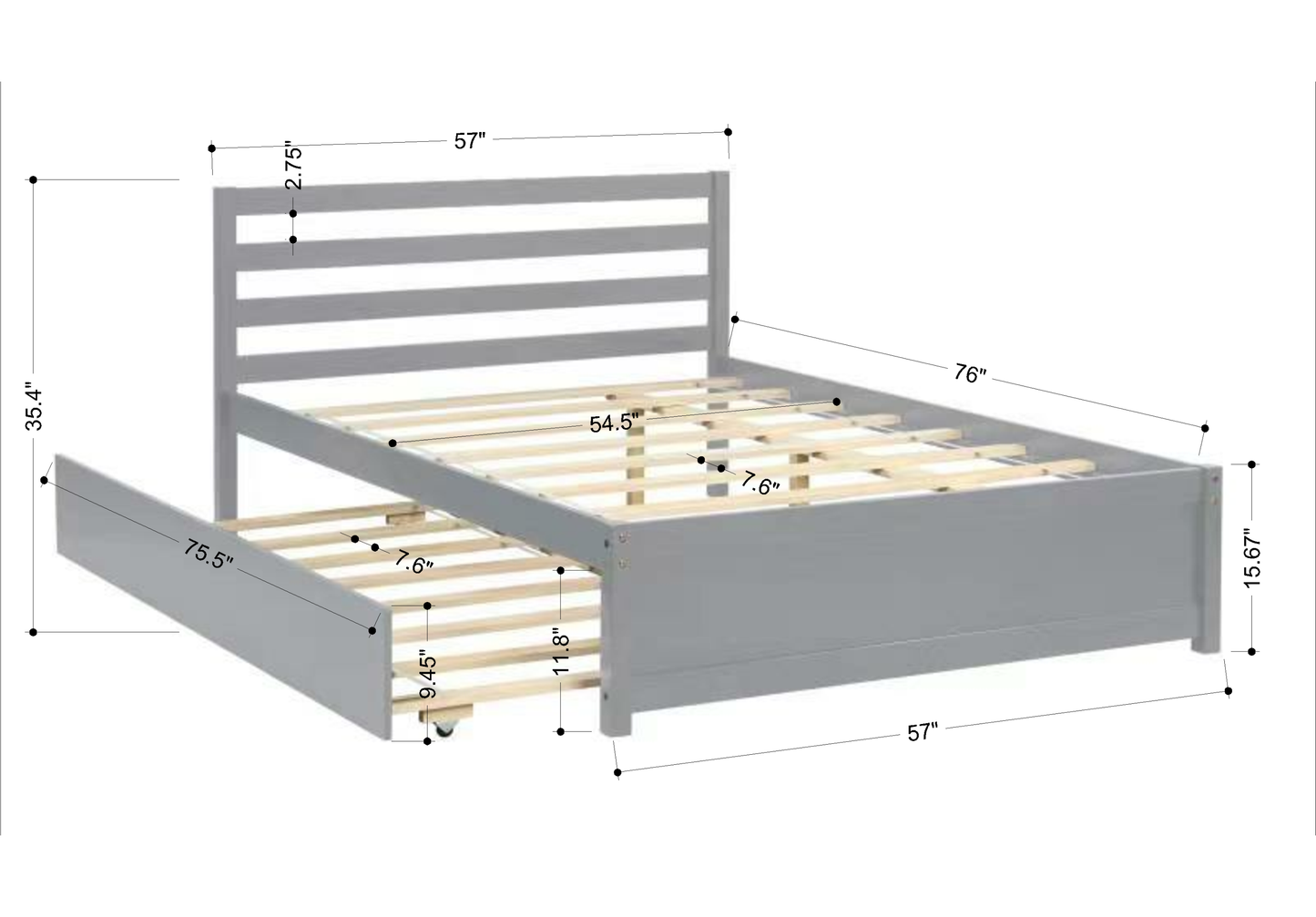 Amy Full Size Platform Bed Frame with Twin Trundle - Gray