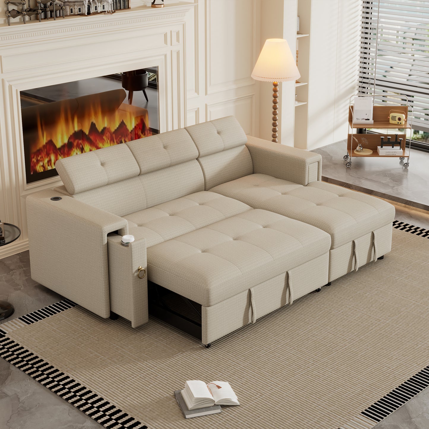 Tumic Pull-Out Sofa Bed L-Shape Sectional Sofa - Beige