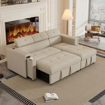 Tumic Pull-Out Sofa Bed L-Shape Sectional Sofa - Beige