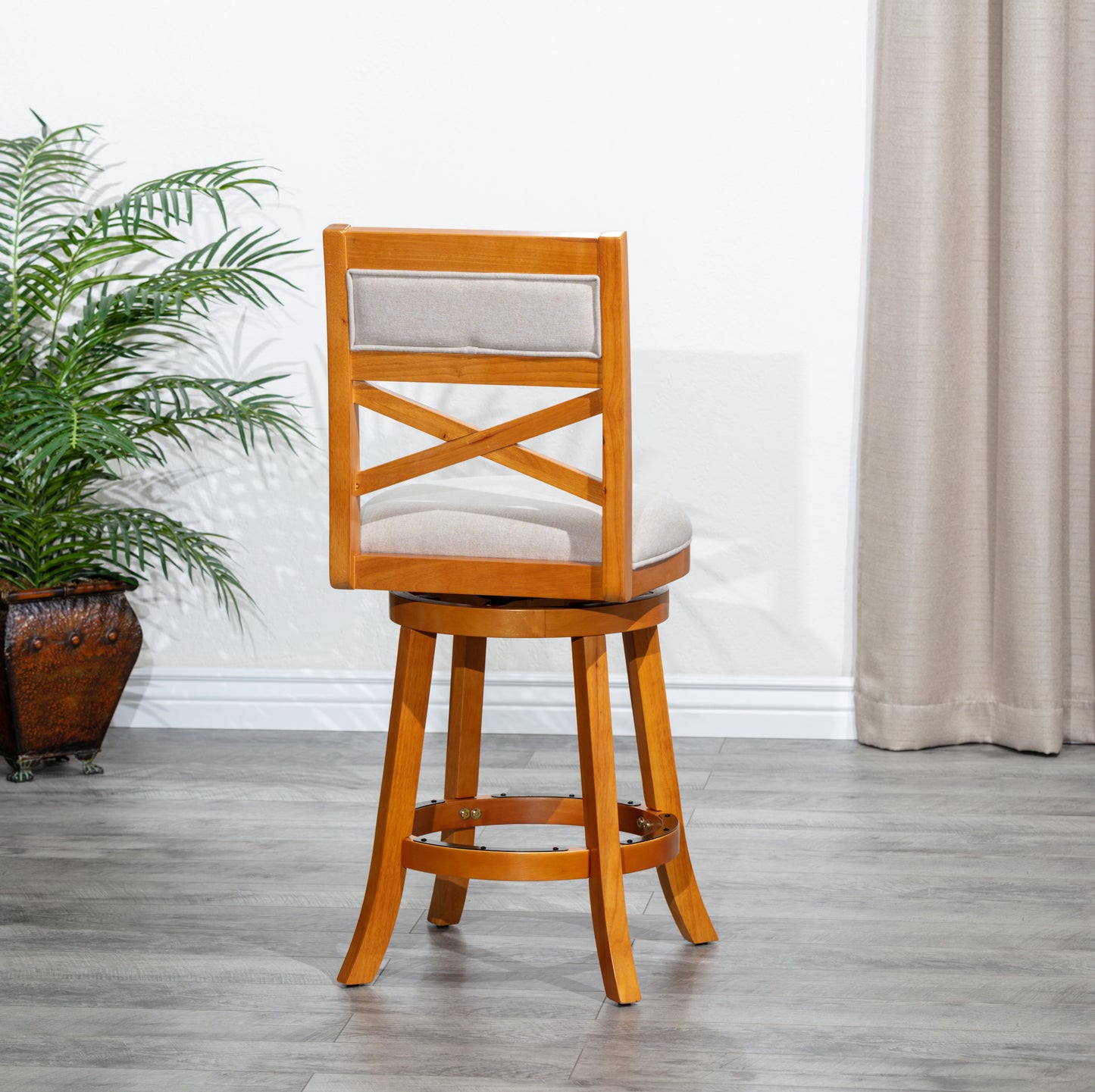 Counter Height X-Back Swivel Stool, Natural Finish, Beige Fabric Seat