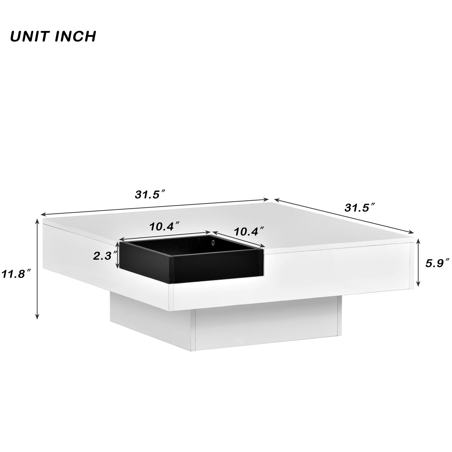 Square Coffee Table with Detachable Tray and LED Lights - White