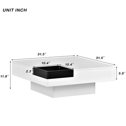 Square Coffee Table with Detachable Tray and LED Lights - White