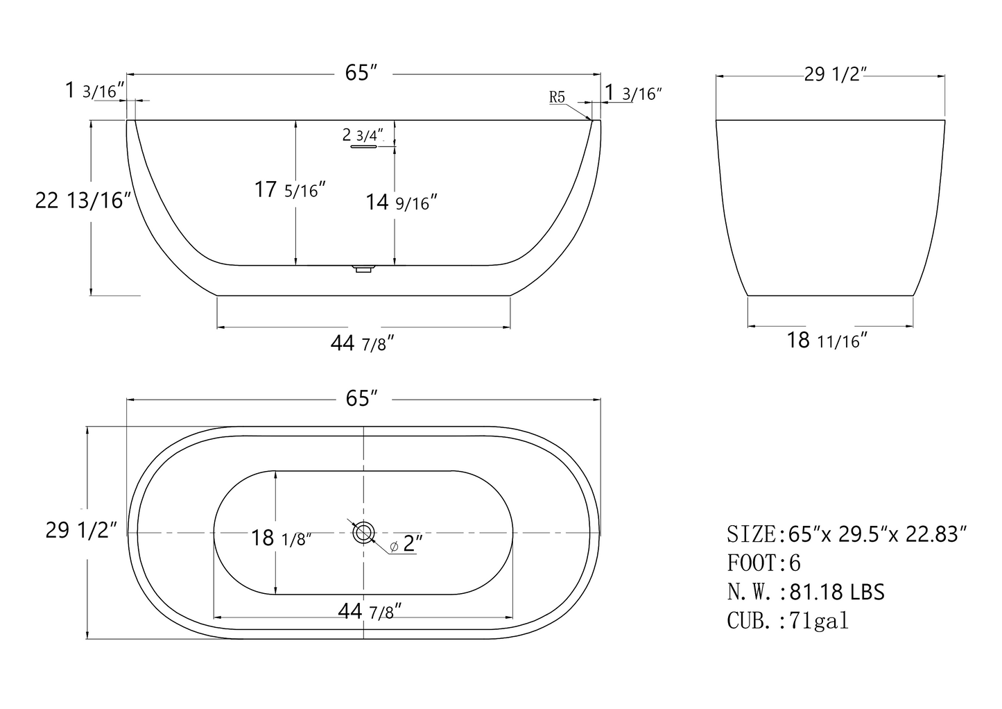 Hana 65" Oval Shape  Acrylic Freestanding  Soaking Bathtub - Gloss White