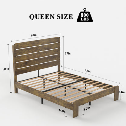 Kumo Queen Size Wood Platform Bed Frame - Dark Brown