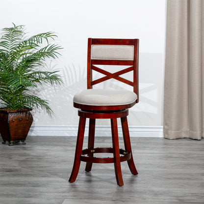 Counter Height X-Back Swivel Stool, Cherry Finish, Beige Fabric Seat