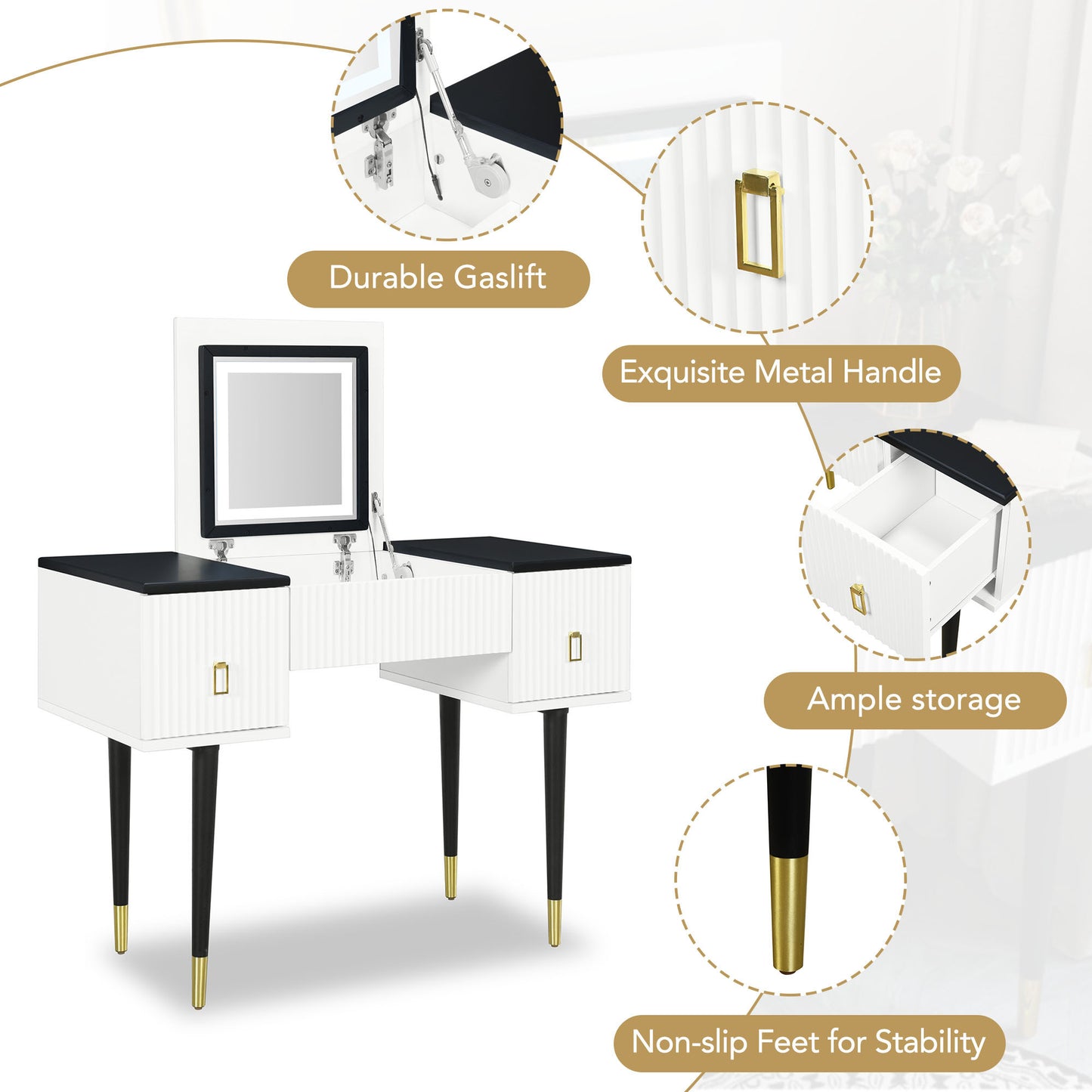 Marble Glow Makeup Vanities Table Set -   White and Black