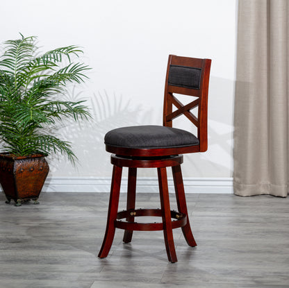 Counter Height X-Back Swivel Stool, Cherry Finish, Charcoal Fabric Seat