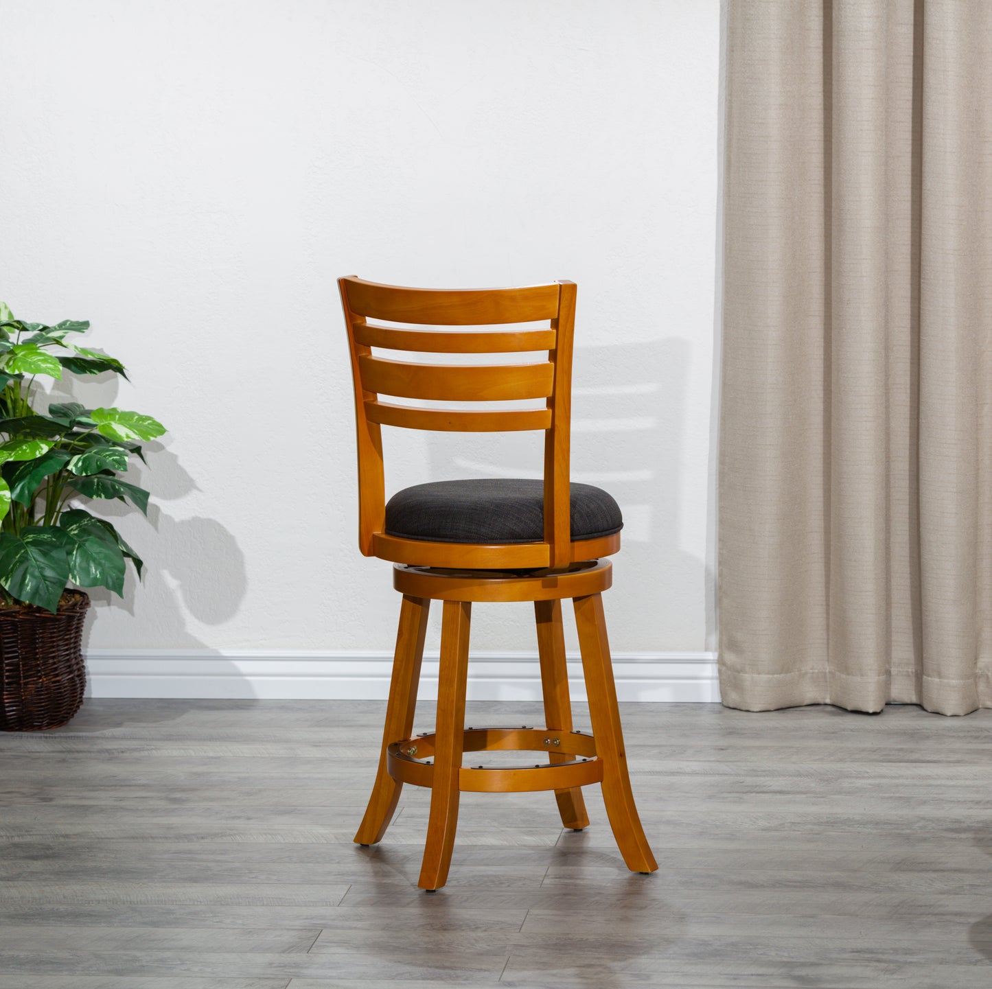 Counter Height Slat Back Swivel Stool, Natural Finish, Charcoal Fabric Seat