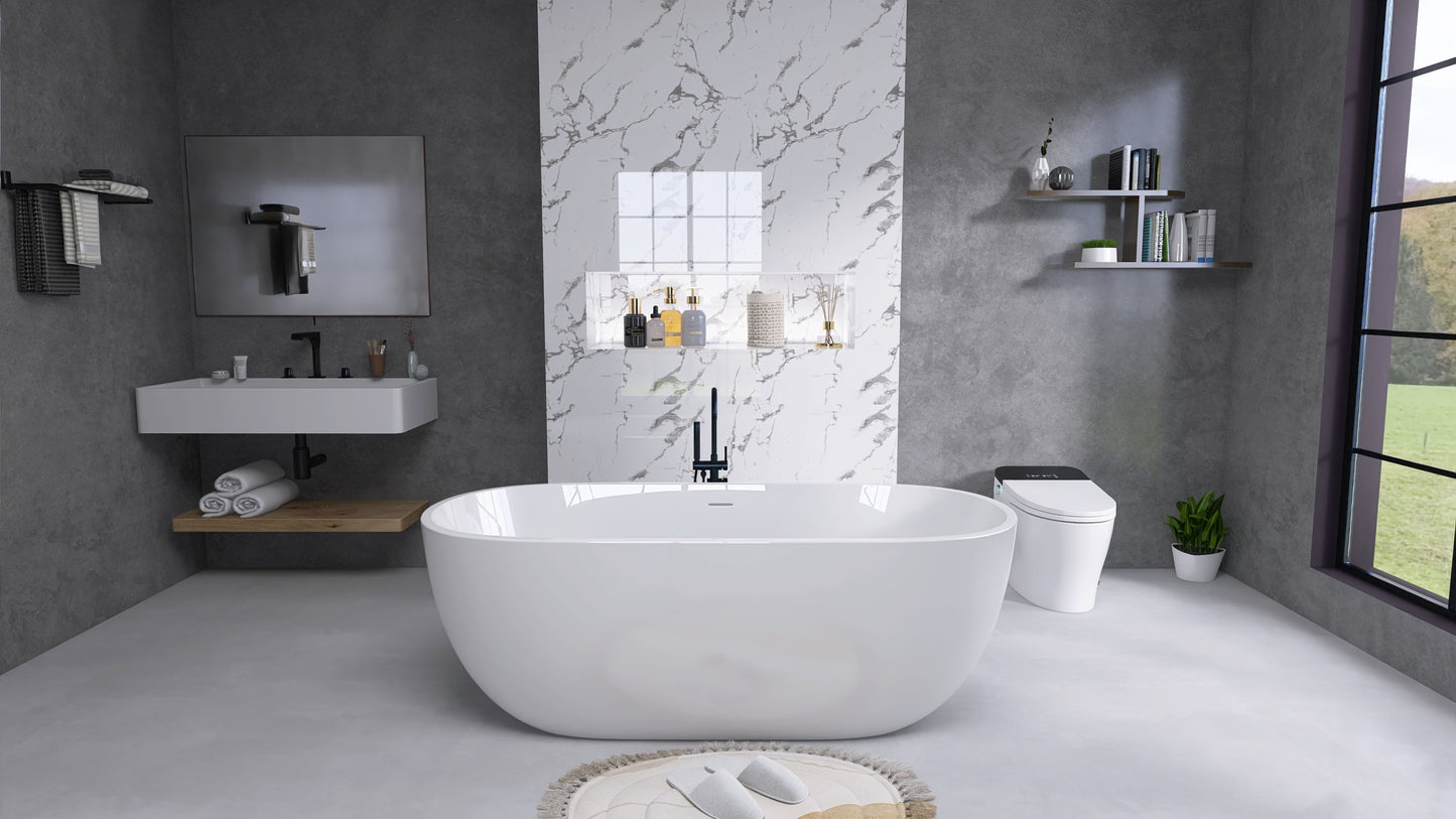 Hana 55" Oval Shape  Acrylic Freestanding  Soaking Bathtub - Gloss White
