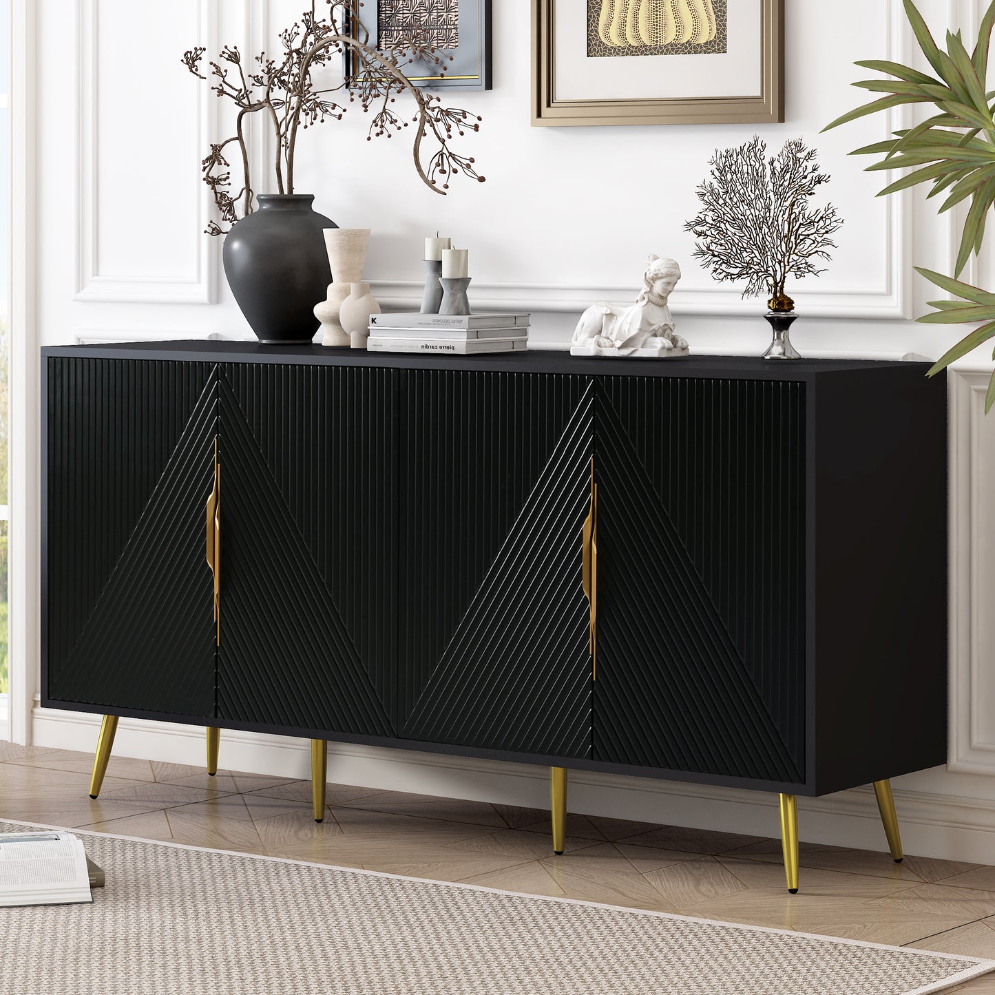 Aida Wave Geometric Design Sideboard Buffet - Black