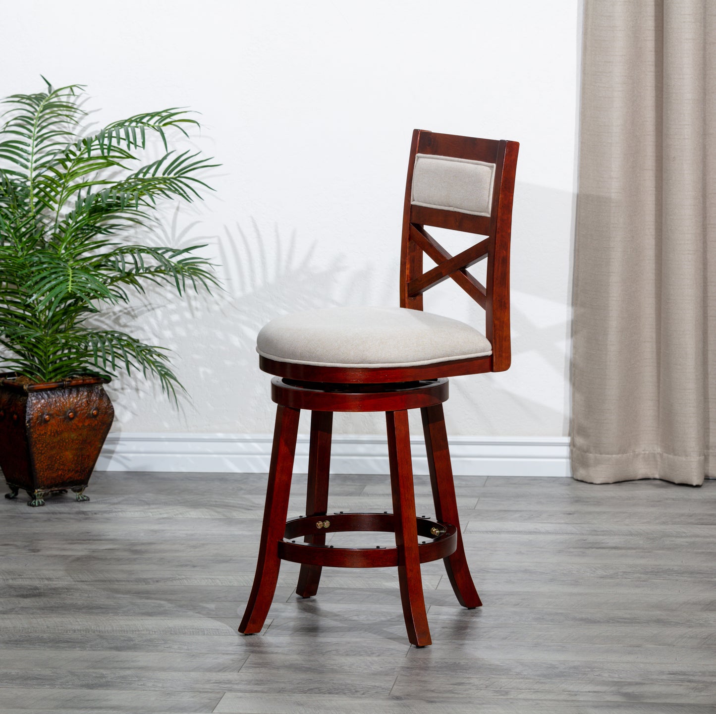 Counter Height X-Back Swivel Stool, Cherry Finish, Beige Fabric Seat