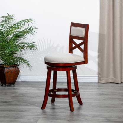 Counter Height X-Back Swivel Stool, Cherry Finish, Beige Fabric Seat