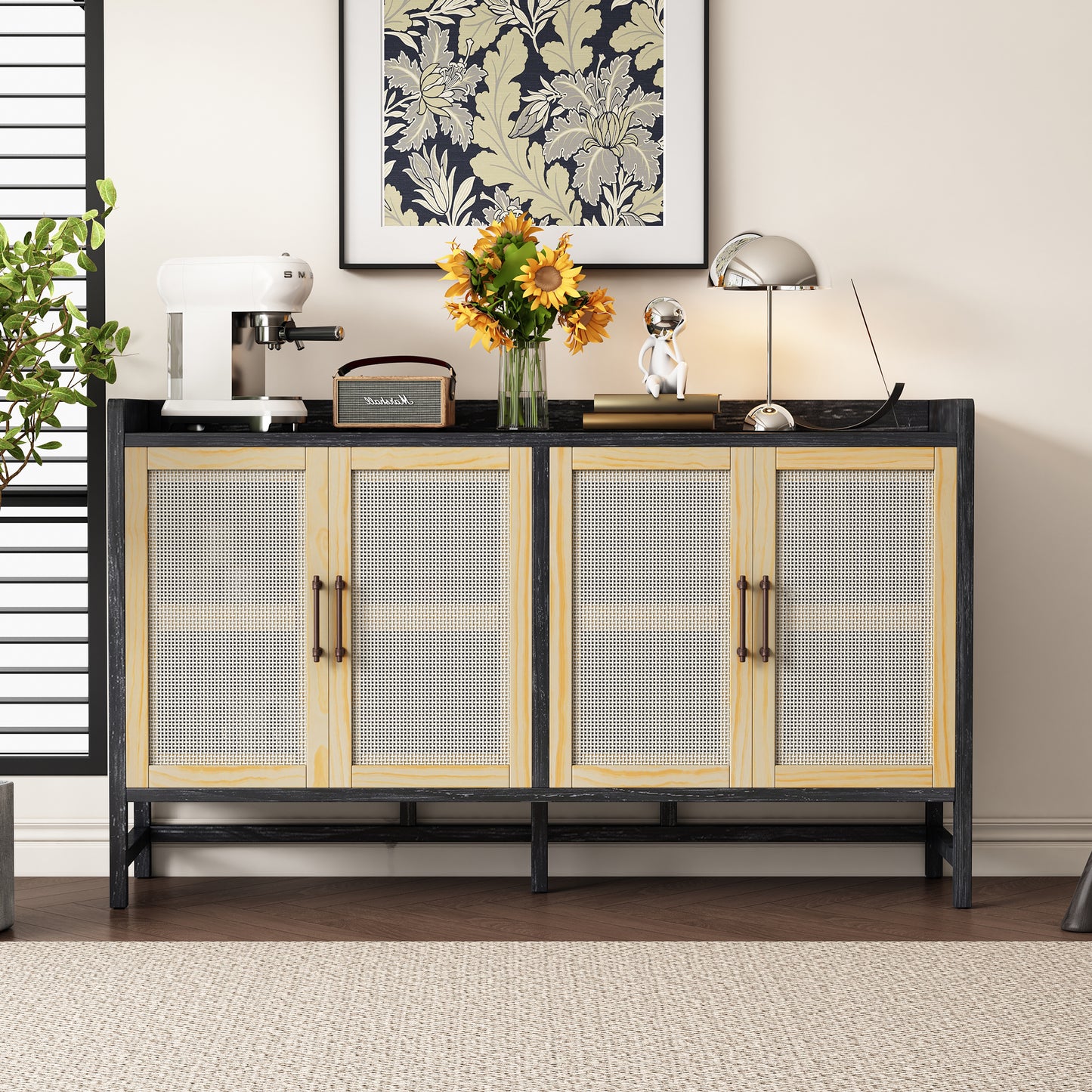 Hana Rattan Doors Sideboard Buffet - Black