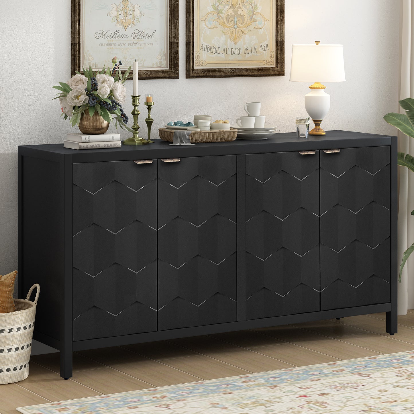 Honeycomb Patterned Doors Sideboard Buffet - Black