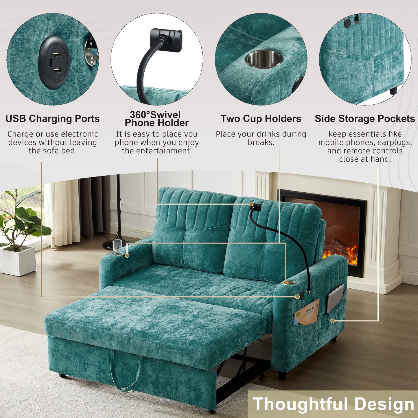 Rita Loveseat Pull-out Sofa Bed with Adjustable Backrest - Teal