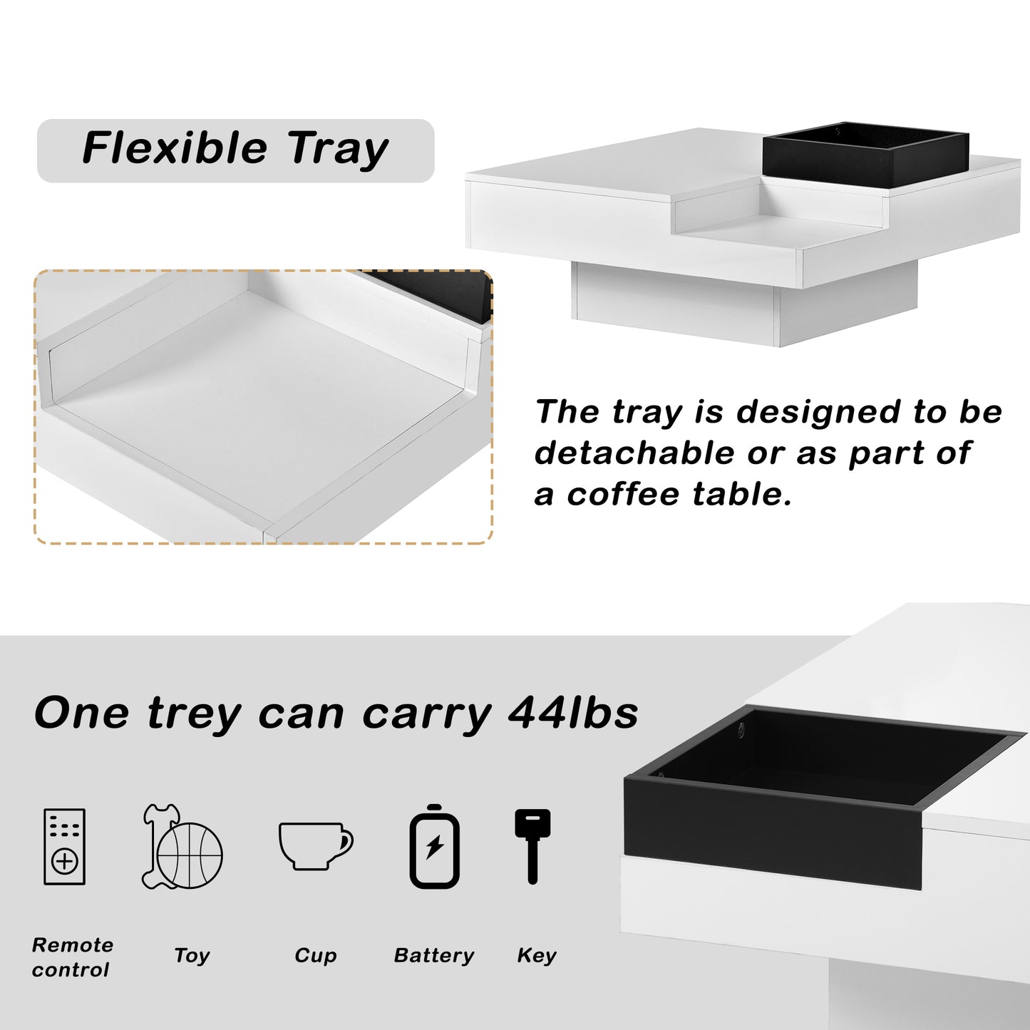 Square Coffee Table with Detachable Tray and LED Lights - White