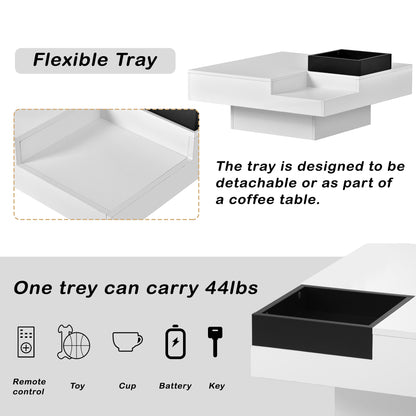 Square Coffee Table with Detachable Tray and LED Lights - White