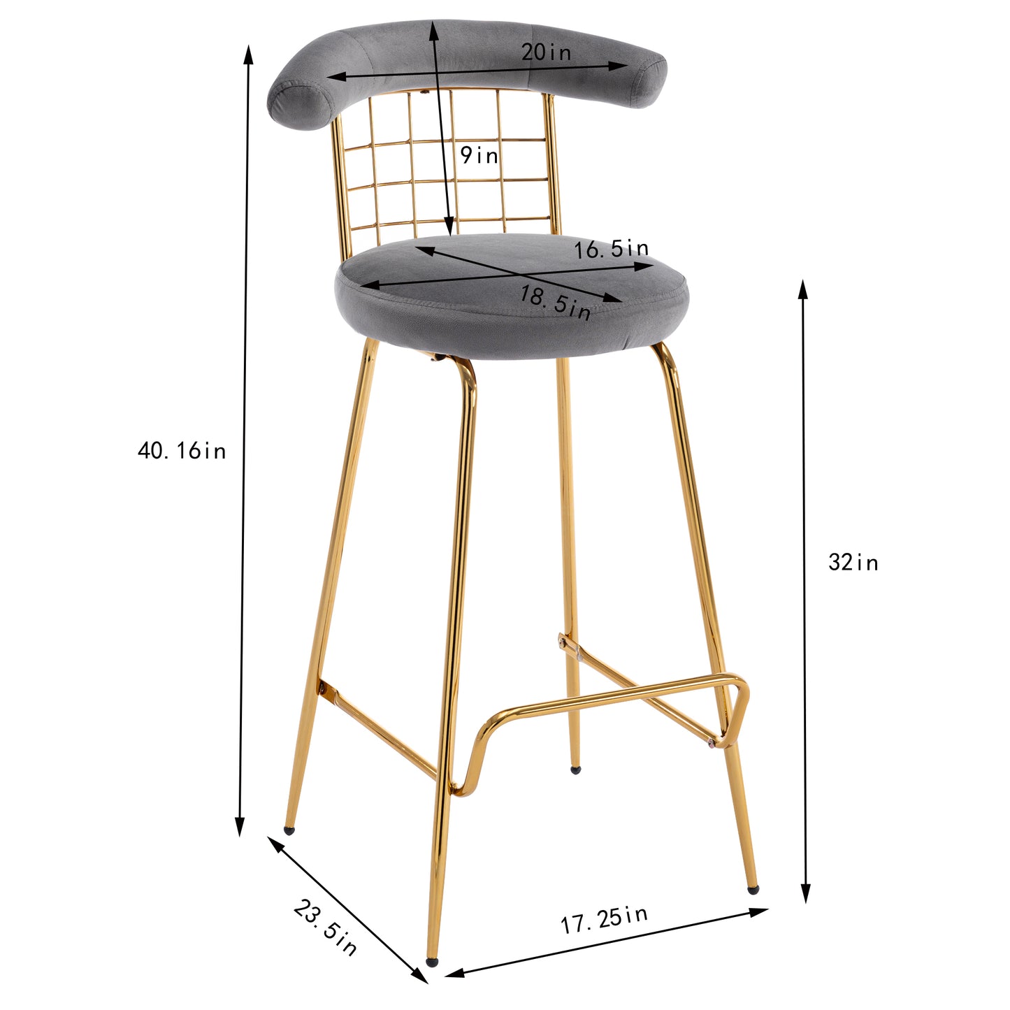 Retro Luxury Velvet  High Bar Stool  - Gray Set of 2
