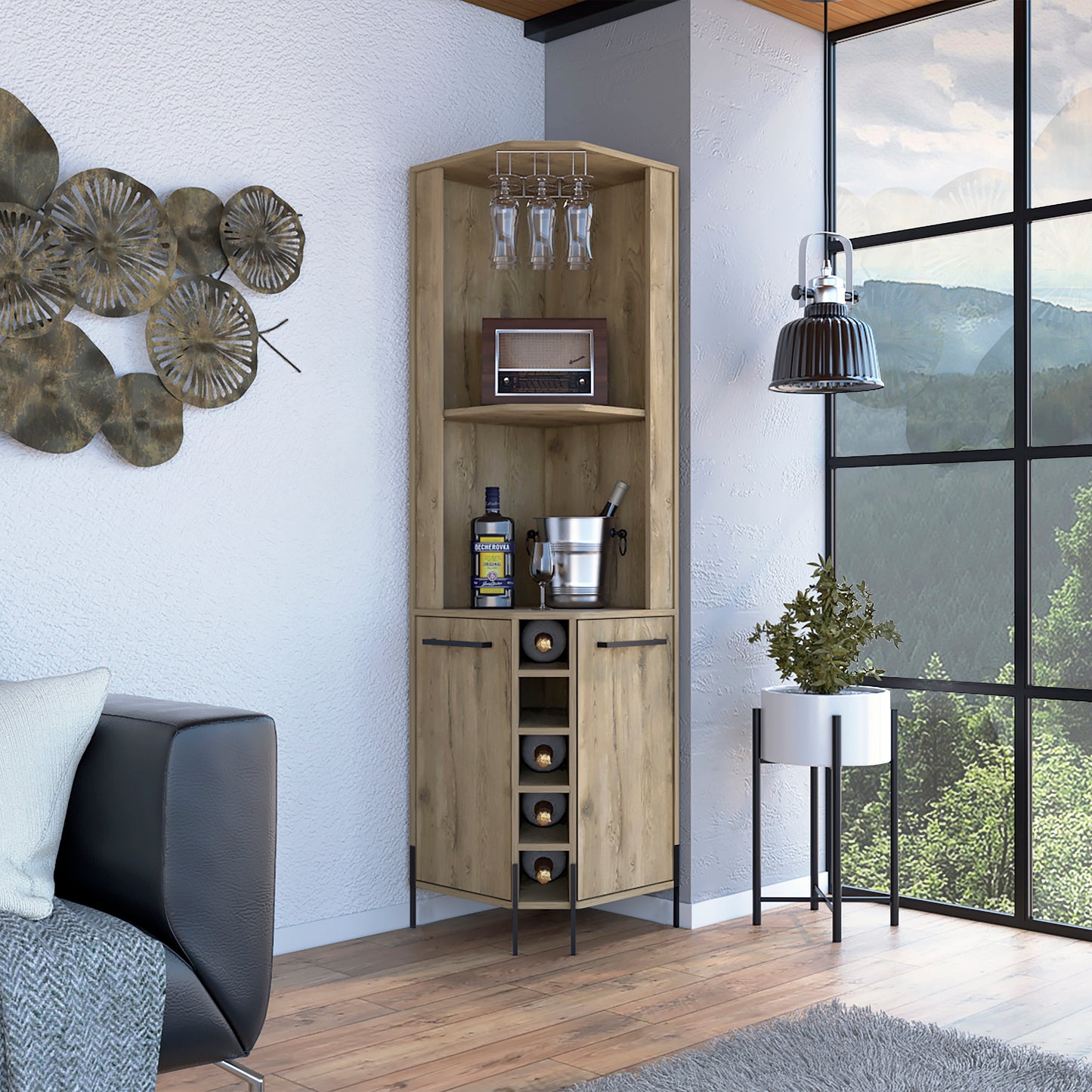Shopron Corner Bar Cabinet - Oak