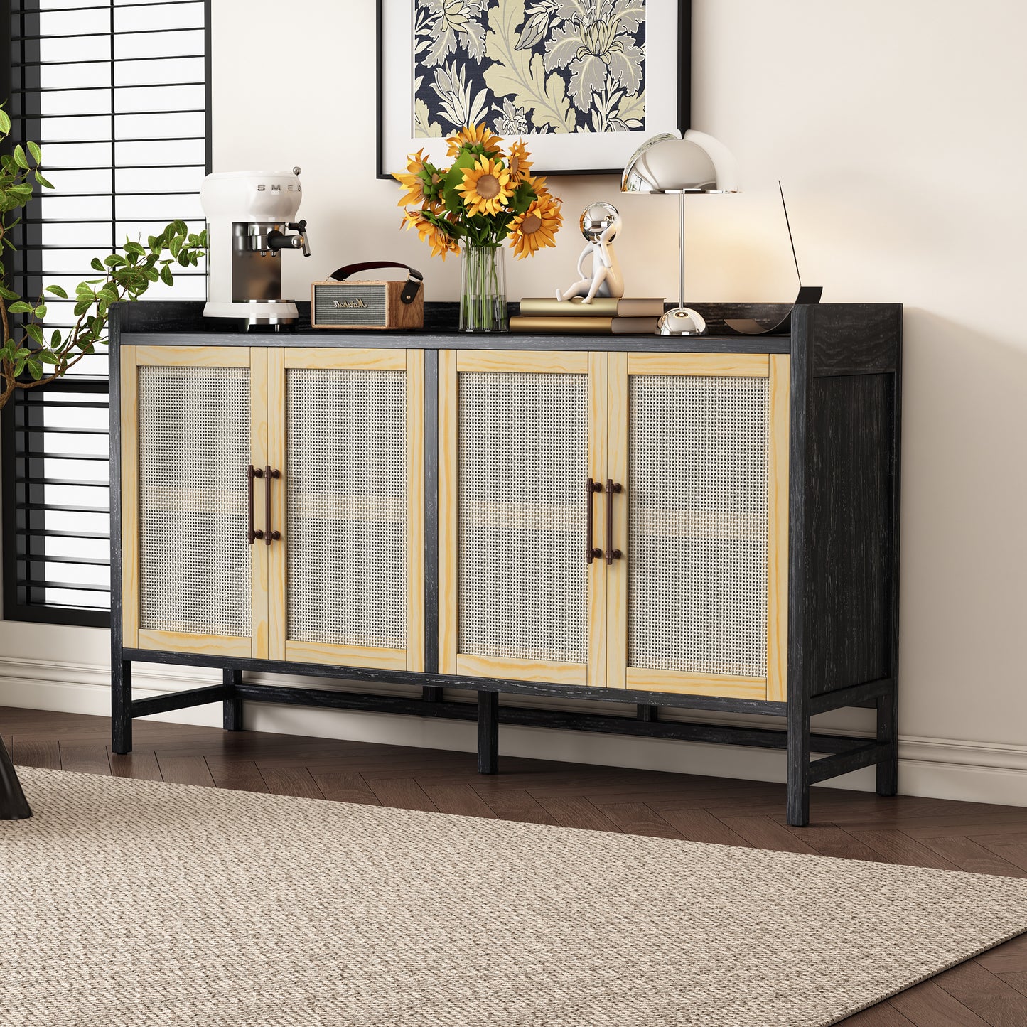 Hana Rattan Doors Sideboard Buffet - Black