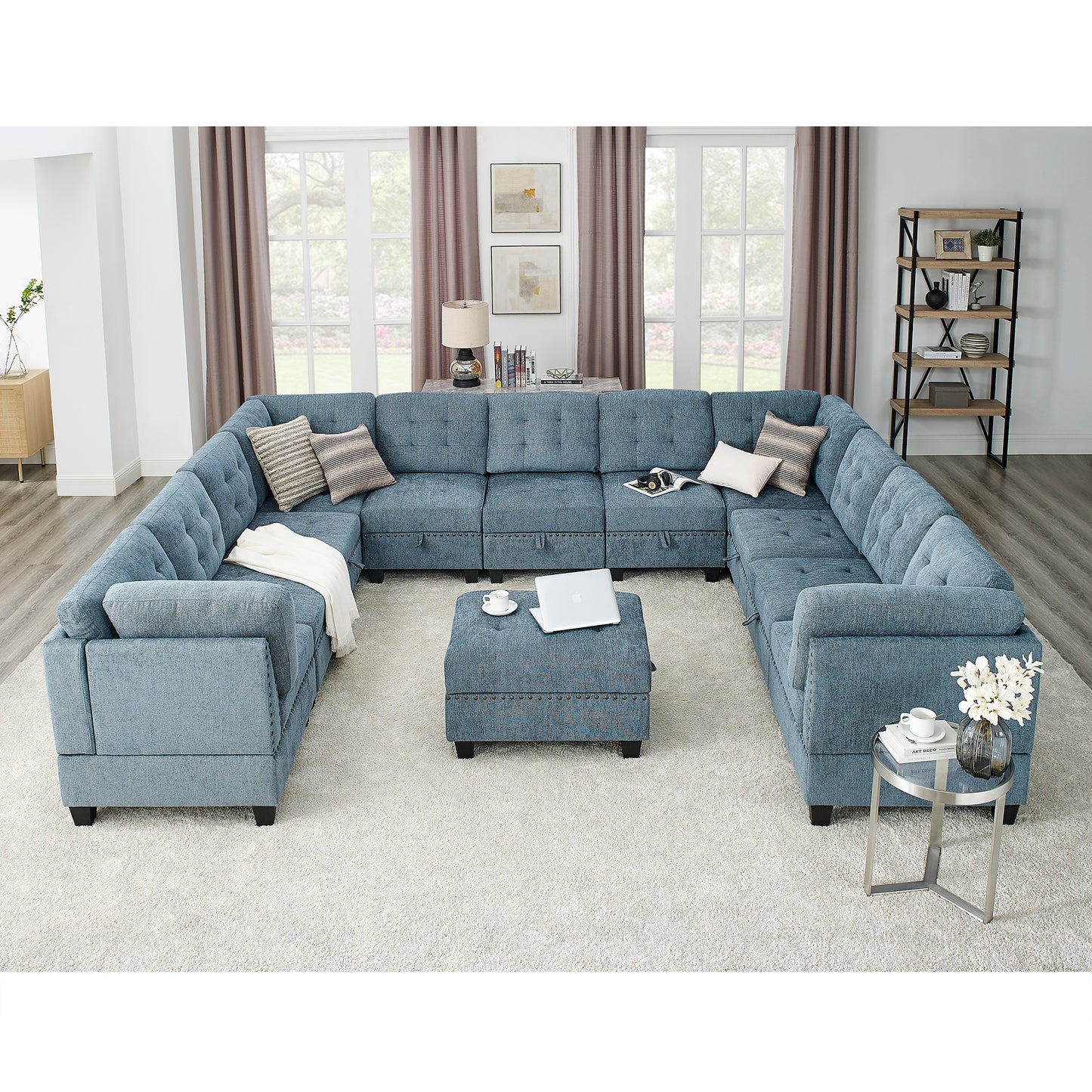 Molly Modular Sectional Sofa Seven Single Chair Four Corner and One Ottoman - Navy Blue