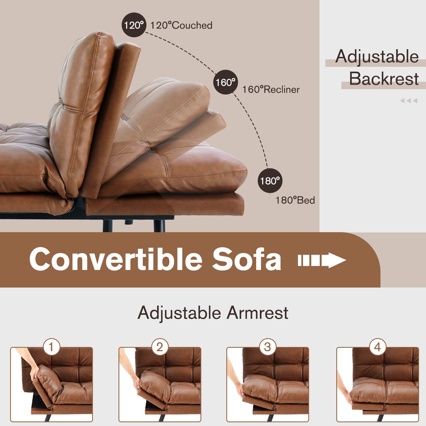 Futon Convertible Sofa Bed  - Brown PU