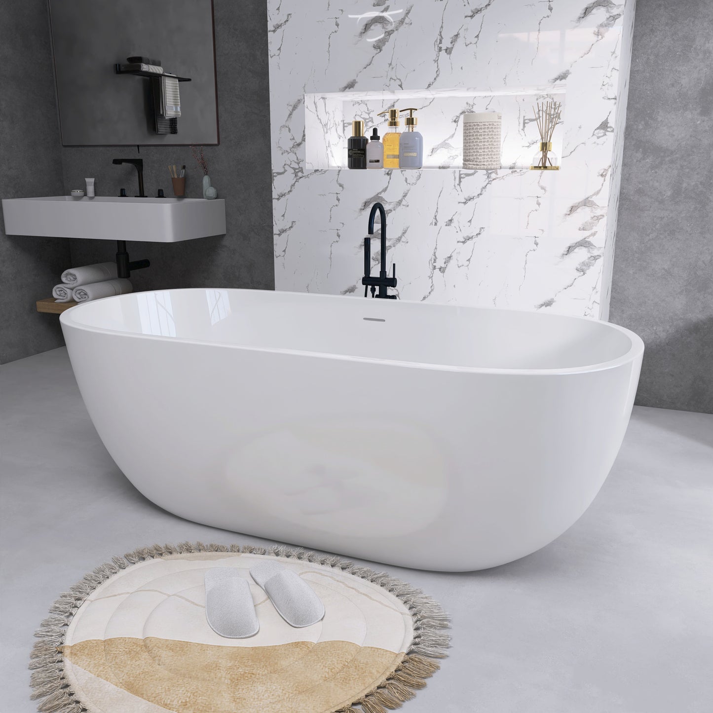 Hana 55" Oval Shape  Acrylic Freestanding  Soaking Bathtub - Gloss White