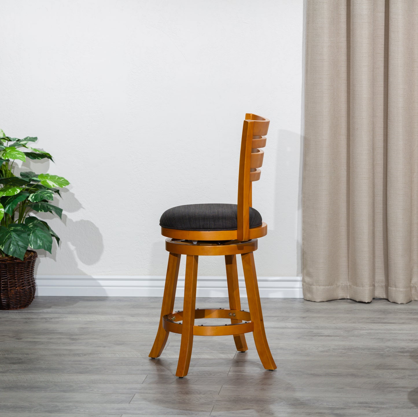Counter Height Slat Back Swivel Stool, Natural Finish, Charcoal Fabric Seat