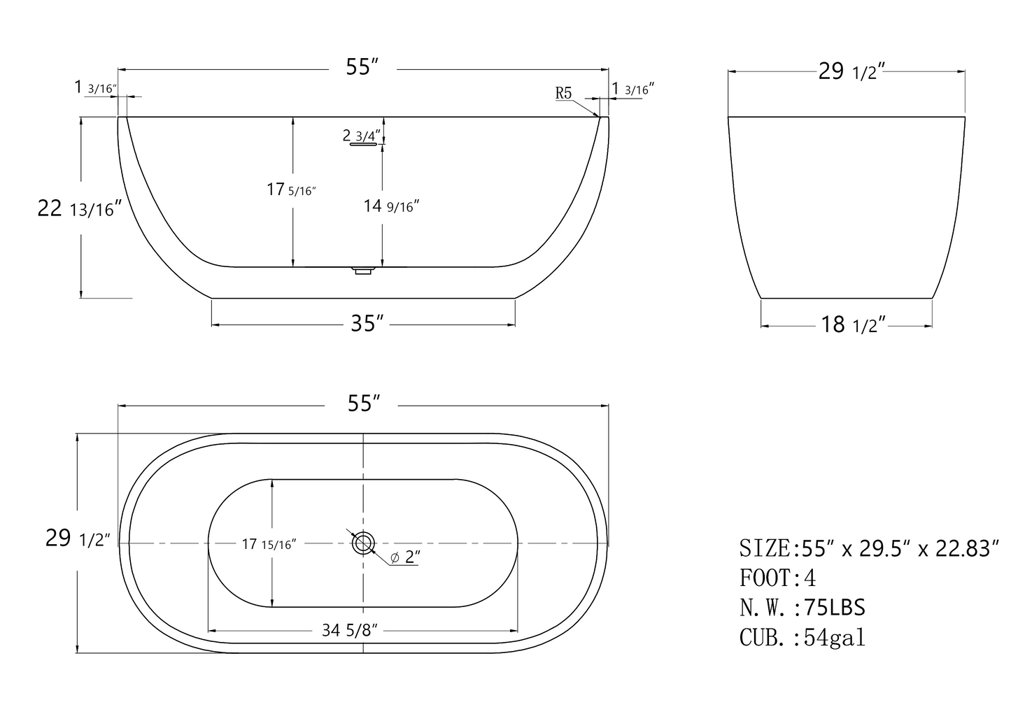 Hana 55" Oval Shape  Acrylic Freestanding  Soaking Bathtub - Black