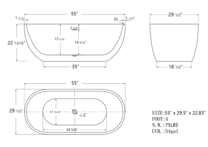 Hana 55" Oval Shape  Acrylic Freestanding  Soaking Bathtub - Black