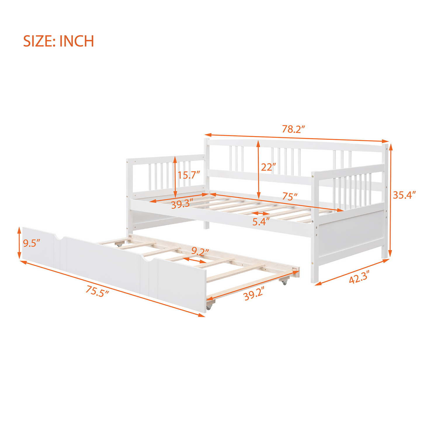 Lex Twin Size Wooden Daybed with Twin Size Trundle - White