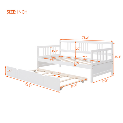 Lex Twin Size Wooden Daybed with Twin Size Trundle - White