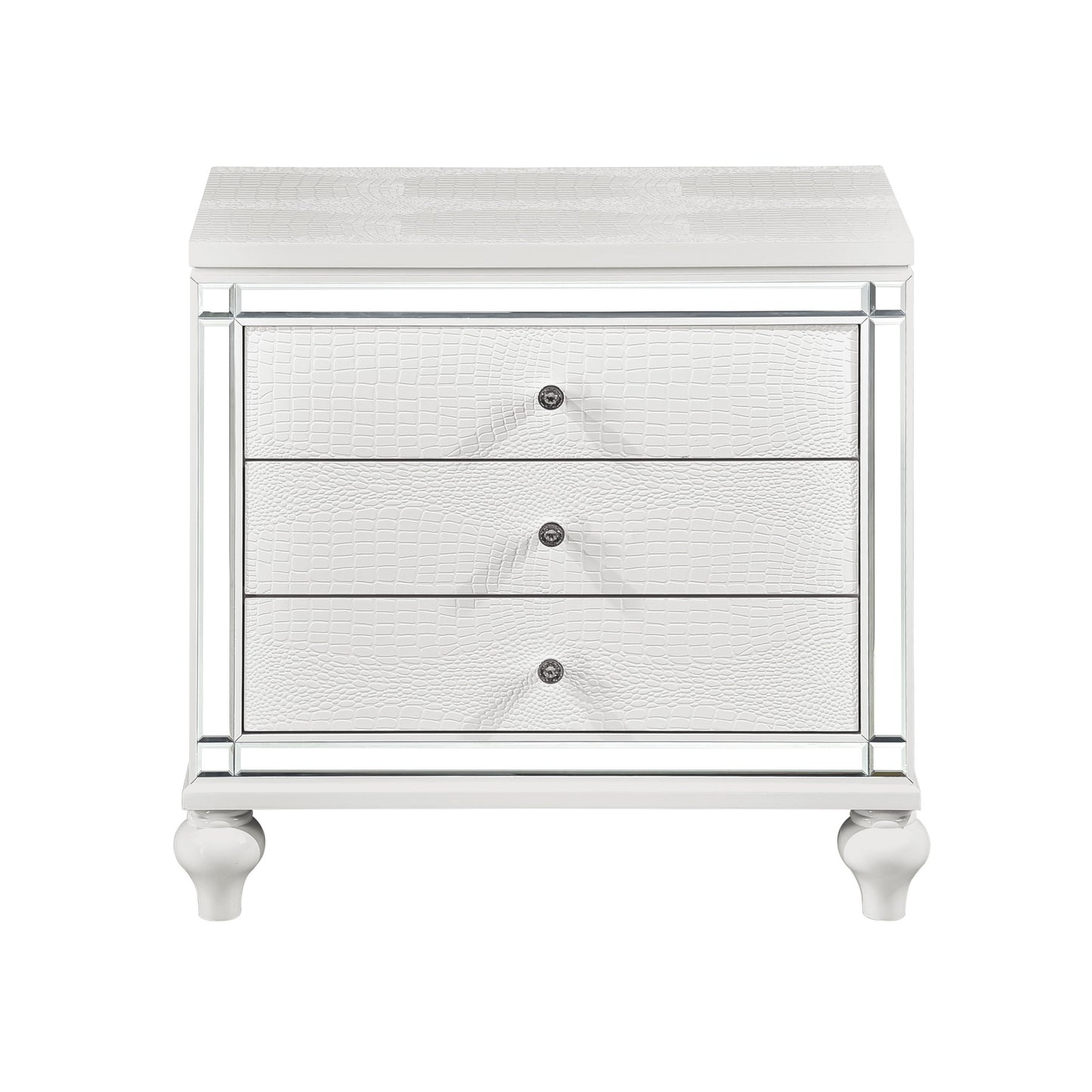 Ken II Glamorous Metallic Nightstand of 3x Drawers  Faux Alligator Embossed Front - White