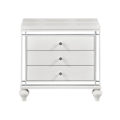 Ken II Glamorous Metallic Nightstand of 3x Drawers  Faux Alligator Embossed Front - White