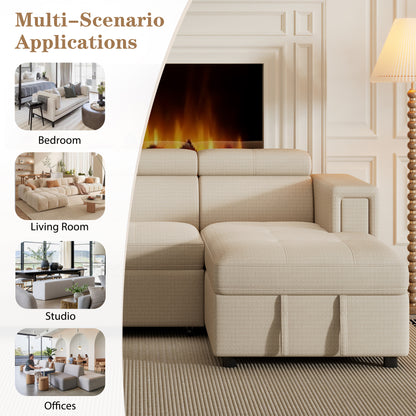 Tumic Pull-Out Sofa Bed L-Shape Sectional Sofa - Beige