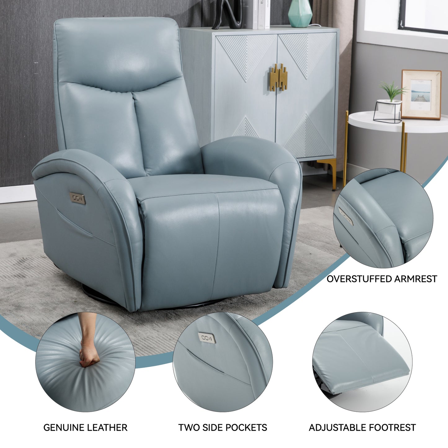 Vince Swivel and Rocker Power Recliner Chair - Blue