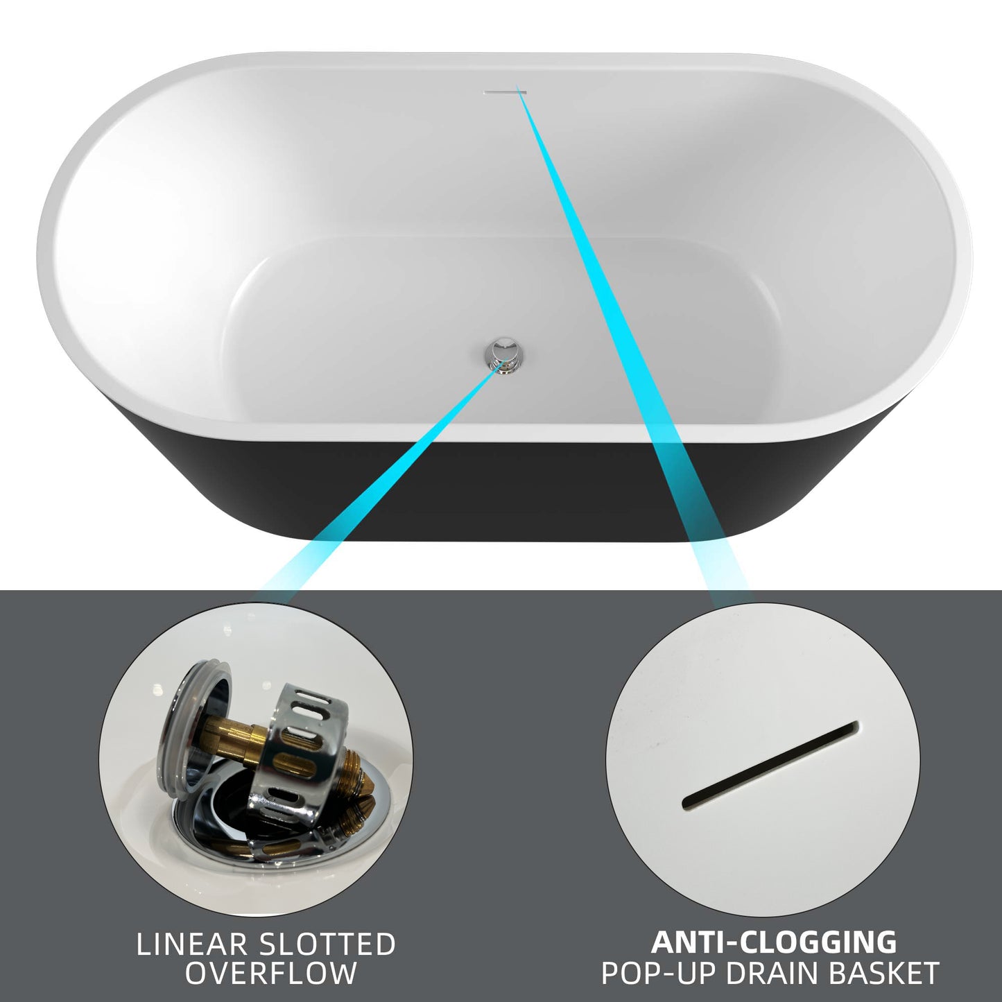 Madison 59" Minimalist  Acrylic Freestanding Soaking Bathtub  -  Gloss Black