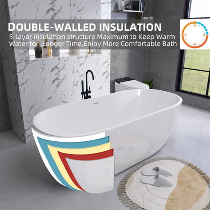 Hana 55" Oval Shape  Acrylic Freestanding  Soaking Bathtub - Gloss White
