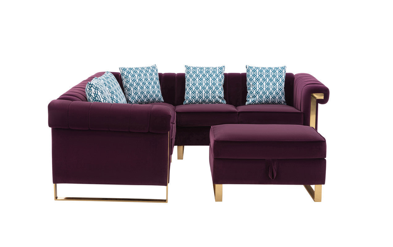 Maddie Velvet 5-Seater Sectional Sofa with Storage Ottoman - Purple