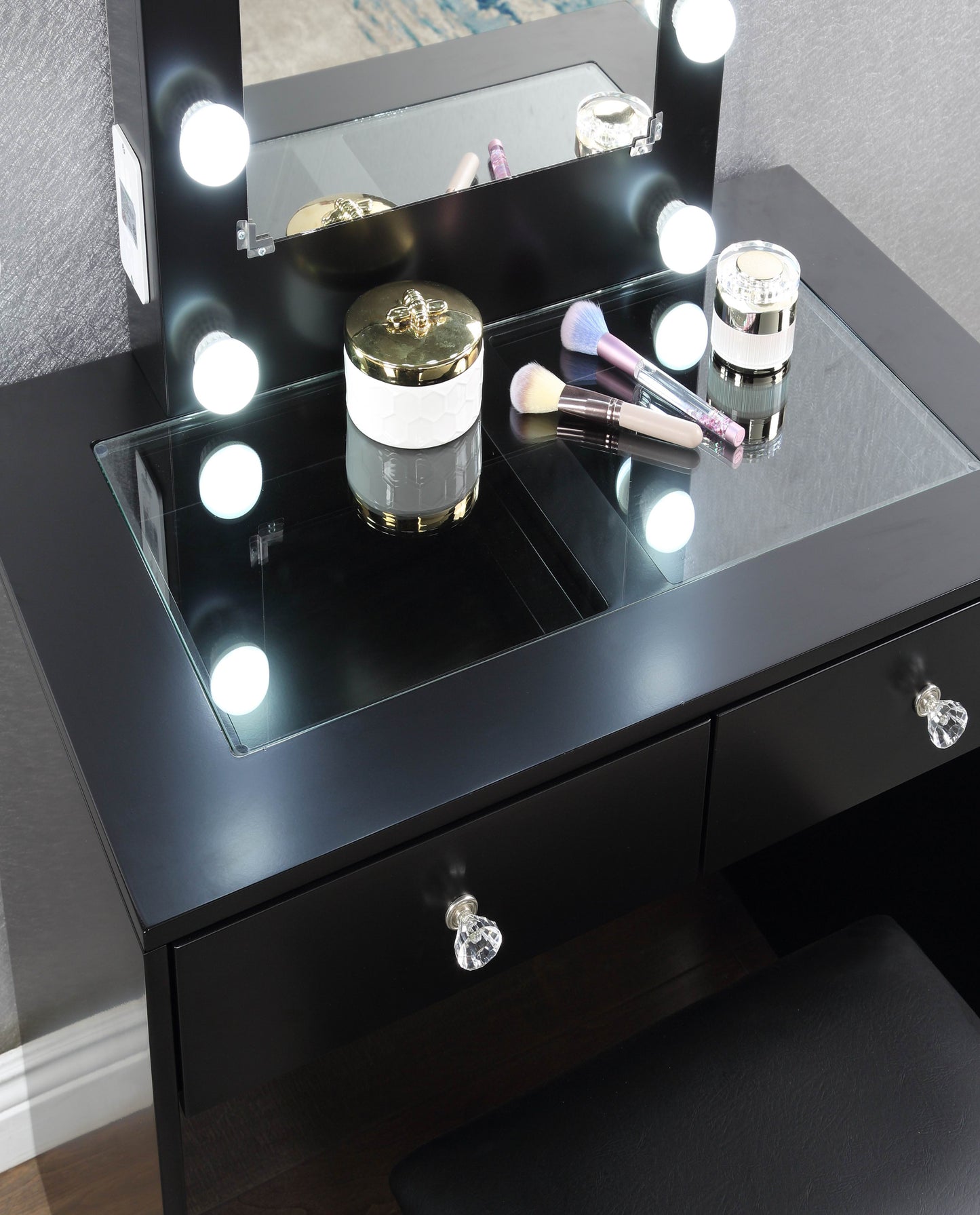 Skyla Makeup Vanity and Stool Set with 10 Lights - Black