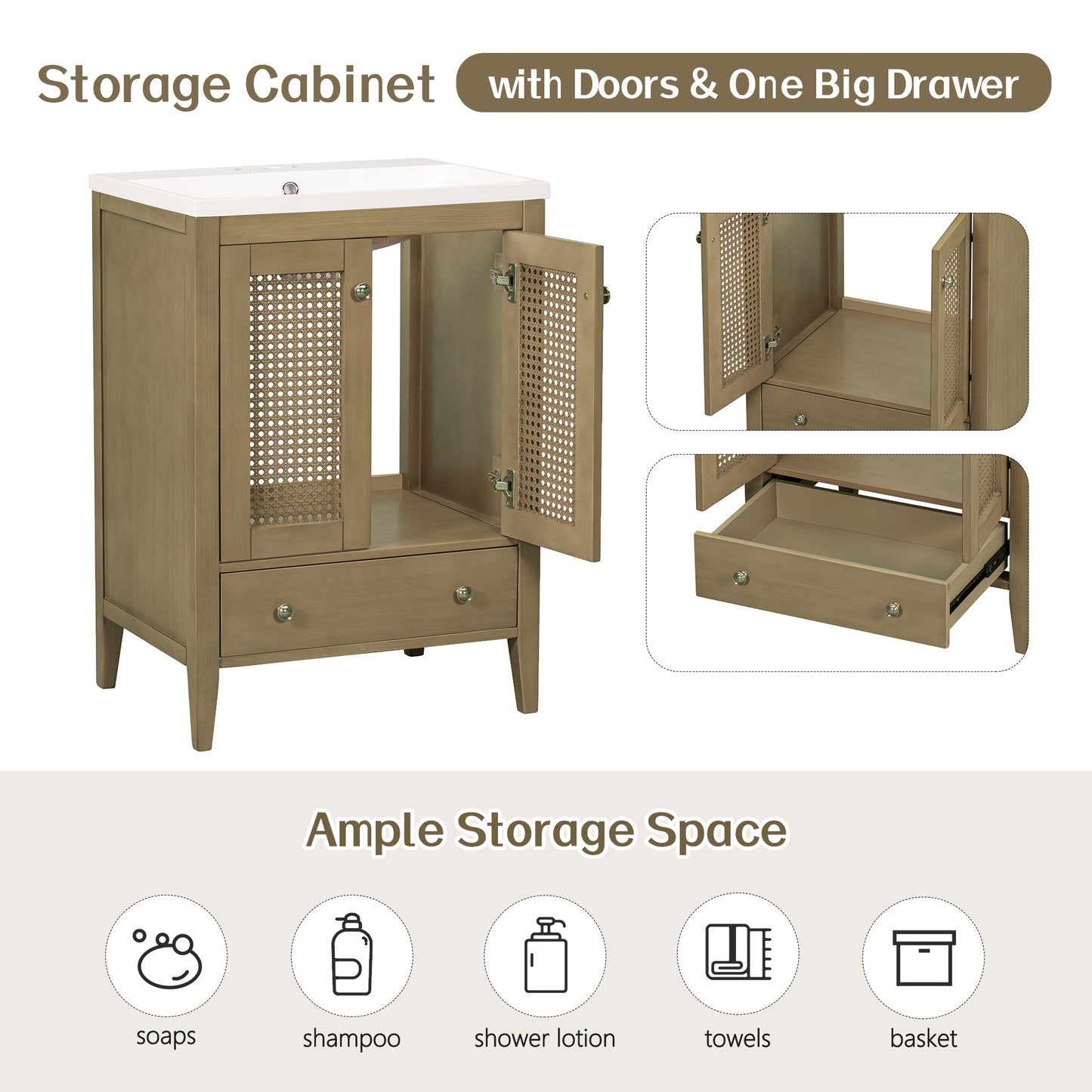 Rattan 24" Bathroom Vanity with Ceramic Basin