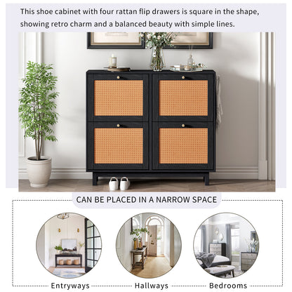 Rattan Boho Style Shoe Cabinet - Black